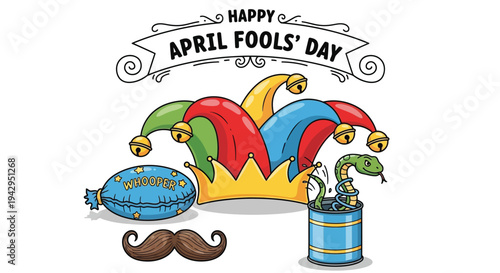 Collection of april fools day prank props with jester hat and snake