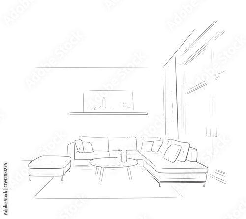 Minimalist black and white line of a sectional sofa and coffee table in a living room