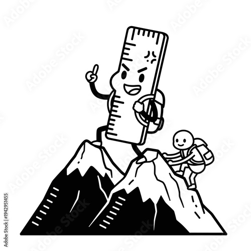 Ruler Character Climbs Mountain with Hiker, Symbolizing Measurement and Achievement