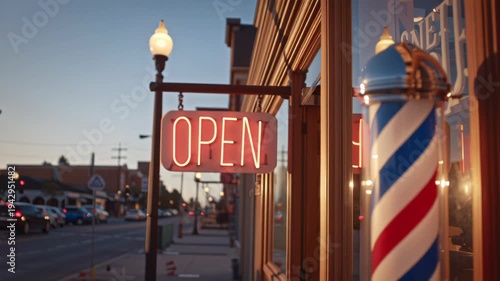 Neon open sign hanging outside a barbershop at dusk with traditional barber pole.