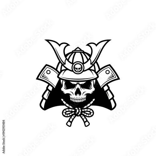 Samurai Skull Warrior Helmet Emblem - Black and White Vector Art