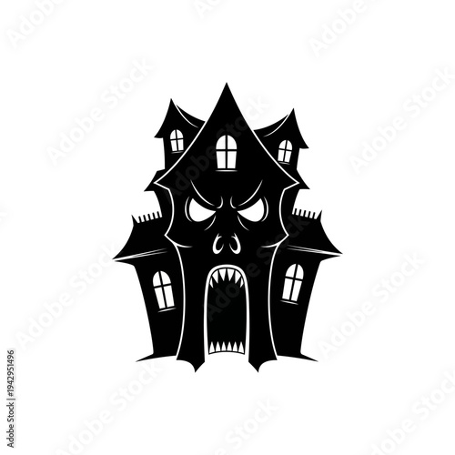 Scary Haunted House Black Silhouette with Spooky Face and Open Mouth