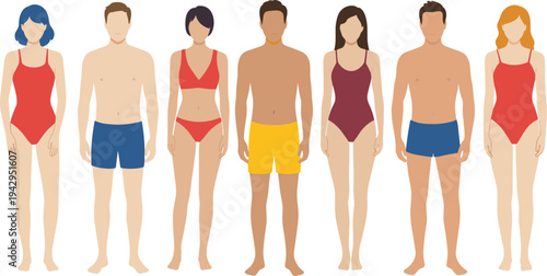 Diverse group of people in colorful swimwear standing together, showcasing body positivity, fashion variety, summer lifestyle, inclusivity, and modern beachwear trends for stock illustration use.