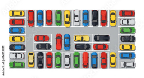 Many colorful cars parked in a lot from above.
