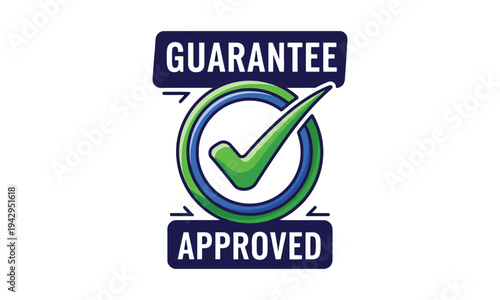 Guarantee approved stamp with green checkmark and blue border