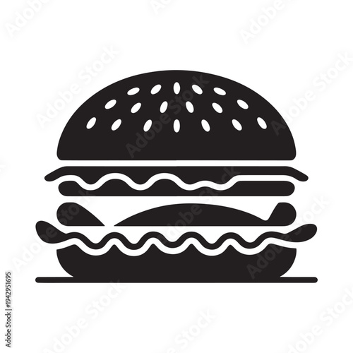 Simple black and white illustration of a classic cheeseburger with sesame seeds