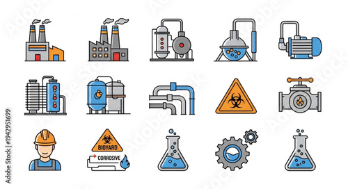 Industrial Icons Set Chemical Factory Equipment And Safety Symbols.