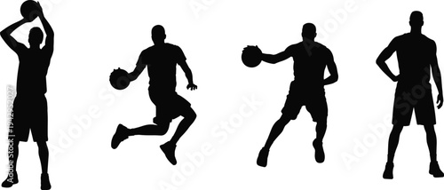 Basketball player silhouettes set dribbling shooting jumping athlete sport action isolated black figures dynamic motion training game competition fitness collection