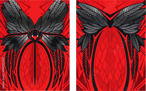 Jersey Sublimation Print Template With Red and Black Stylized Winged Creature Illustration