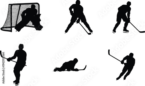 Ice hockey player silhouettes set with goalie net, skating athletes with stick puck dynamic winter sport action isolated