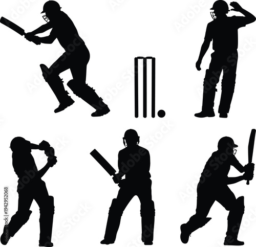 Cricket player silhouettes set, batsman batting action with bat ball stumps, dynamic cricket sport athletes isolated black figures collection