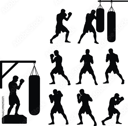 boxing, silhouette, fighter, athlete, sport, training, punching, bag, combat, fitness, workout, boxer, action, strength, black, vector, icon, isolated, set, collection