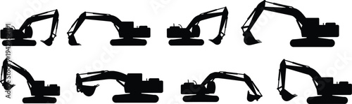 excavator, silhouette, heavy, construction, equipment, digger, industrial, machinery, vehicle, earthmoving, engineering, mining, bucket, crawler, worksite, building, vector, icon, machine, collection