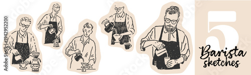 Hand drawn barista sketch set with coffee making scenes in vintage doodle line art style
