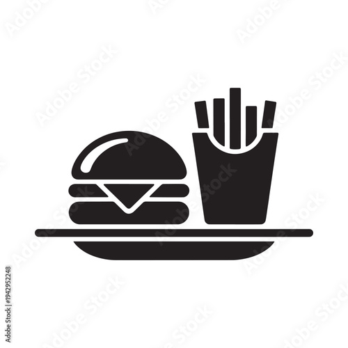 A simple black and white icon depicting a burger and french fries