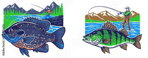 Fishing club t shirt design. River king mahseer fish artwork. Outdoor adventure fishing. Fly fishing graphic print. Mountain river fishing.