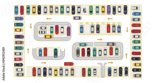 Aerial view of a parking lot with many cars.