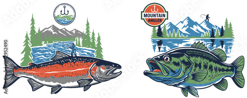 Fishing club artwork for t-shirt design. Mountain lake fishing adventure. Catch the big one. Outdoor recreation graphic. Fisherman vector illustration