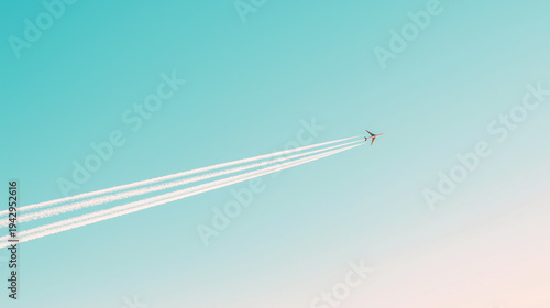 contrail. Airplane ascending into blue sky with white contrails, captured against a clean gradient background. mobility guides, transit brochures, designed for transport & logistics marketing.