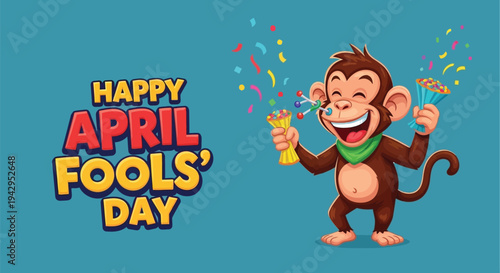 Cheerful cartoon monkey celebrating happy april fools day with confetti