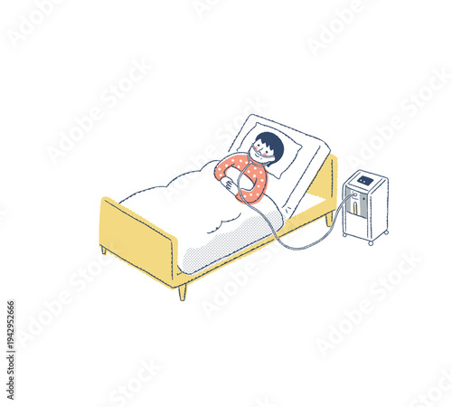 ベッドで酸素濃縮装置を使用している女性