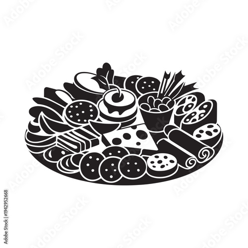 Black and white illustration of a charcuterie board with various foods