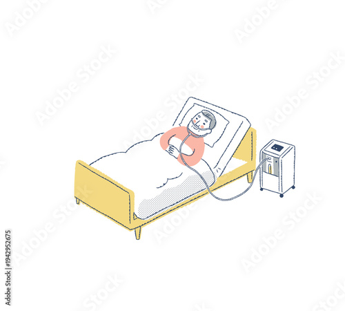 ベッドで酸素濃縮装置を使用しているシニア男性