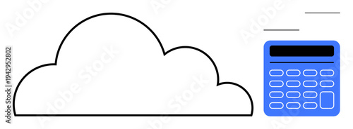 Cloud computing, financial analysis, online storage, digital tools, technology, data management. Outline of a cloud next to a blue calculator. Cloud computing and data management concept