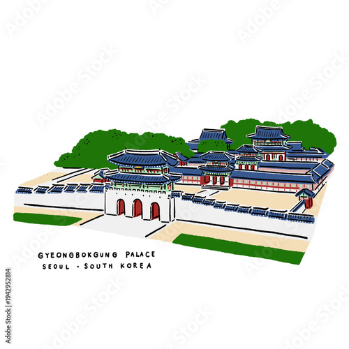 Gyeongbokgung Palace Historical landmark Panorama scene Seoul travel Hand drawn Line art color Illustration