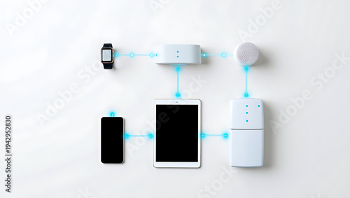 Smart home devices connected wirelessly on white background for automation and control
