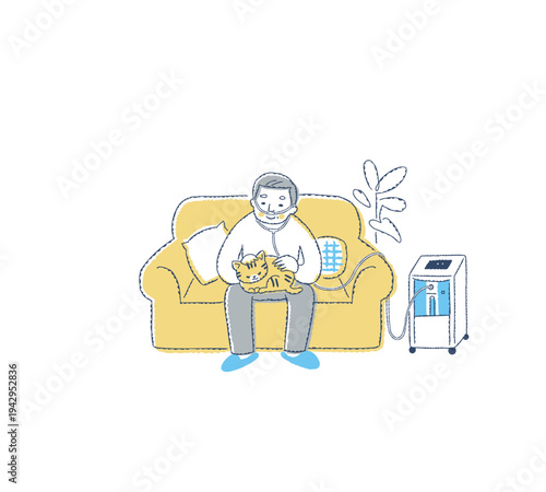 室内で酸素濃縮装置を使用しているシニア男性