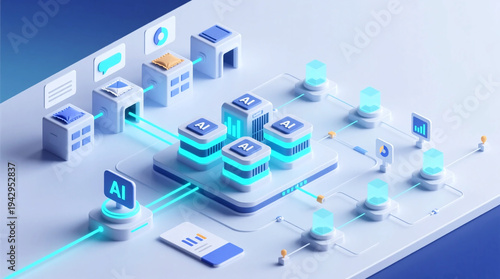 Isometric Visualization of AI Digital Workforce Depicting Intelligent Workflow and Distributed Processing in Advanced Enterprise Automation Architecture