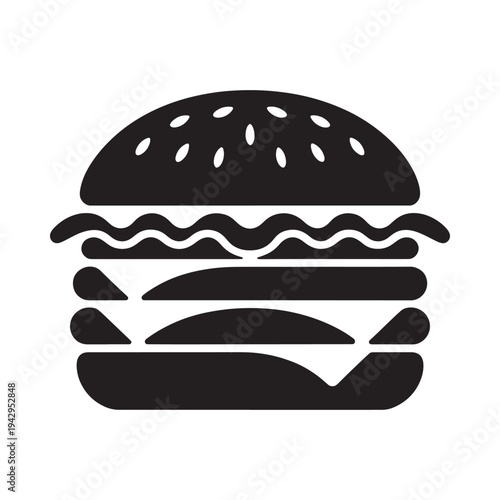 Simple black and white illustration of a classic cheeseburger with sesame seeds