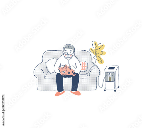 室内で酸素濃縮装置を使用しているシニア男性