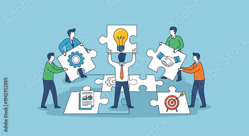 Business teamwork collaboration concept vector illustration showing people assembling puzzle pieces problem solving innovation teamwork strategy and creative business solution concept isolated backgro