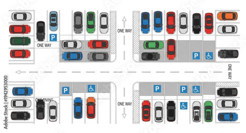 Aerial view of a busy parking lot with many cars.