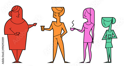 Diverse group of four people holding coffee cups and talking. Modern stylized vector illustration featuring men and women in vibrant colors like red, orange, pink, and green in geometric minimalist ar