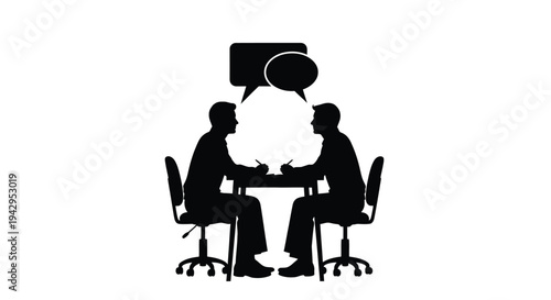 Two individuals engaged in a conversation at a table depicted in silhouette