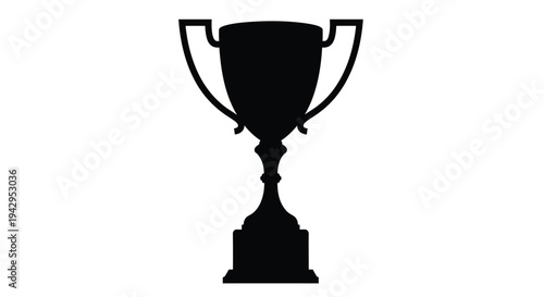 A simple black silhouette of a classic golden trophy on white