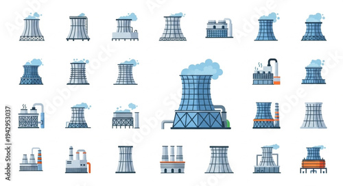 Collection of Industrial Power Plant Cooling Towers and Factories.