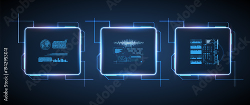 Three digital screens present various data and charts in a dark room. The displays show graphs, statistics, and visual information related to technology and analysis.