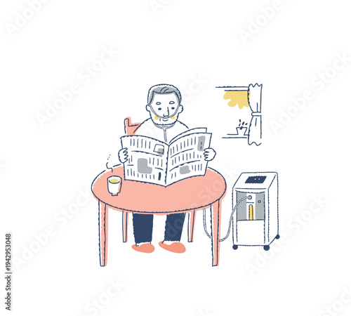 室内で酸素濃縮装置を使用しているシニア男性