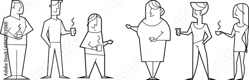 Minimalist black and white line art vector of group of six people standing with coffee cups. Modern geometric illustration of men and women socializing and talking in stylized cubist outline design