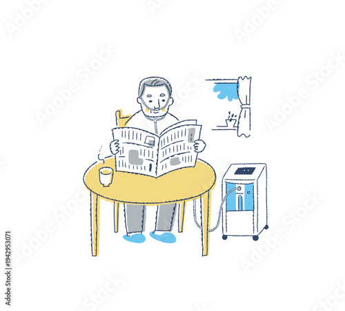 室内で酸素濃縮装置を使用しているシニア男性