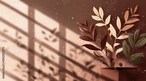 Warm light casting gentle shadows on dried plant leaves in a minimalist interior setting with earthy tones and a touch of nature's elegance