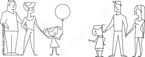 Black and white minimalist line art vector illustration of families. Set of geometric characters including parents and children with balloon in stylized cubist design.