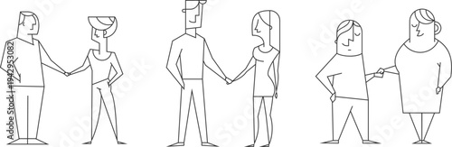 Set of three pairs of people shaking hands in minimalist line art style. Modern geometric vector illustration of business partners or friends greeting each other, making a deal, and reaching an agreem