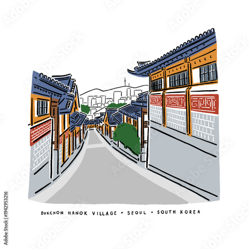 Bukchon Hanok Seoul City Old town Scene Tourist destination Hand drawn Line art color Illustration