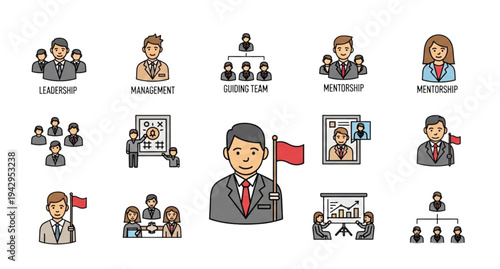 A vector graphic illustration of business leadership and management concepts, featuring cartoon-style icons of people in various professional settings.
