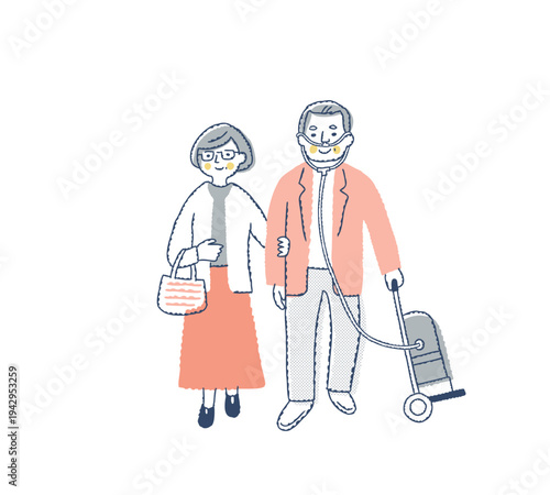 携帯用酸素ボンベを持っている男性と一緒に歩く女性